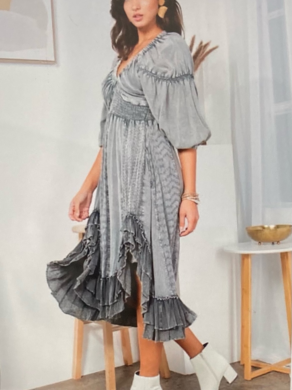 Young Threads Boho Gray Ruffled Midi Dress - Picture 4 of 12
